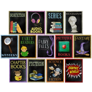 Library and Classroom Literary Labels. Book Organization Set of 13 Posters.
