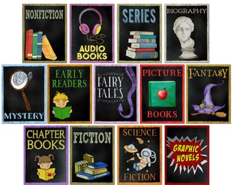 Library and Classroom Literary Labels. Book Organization Set of 13 Posters.