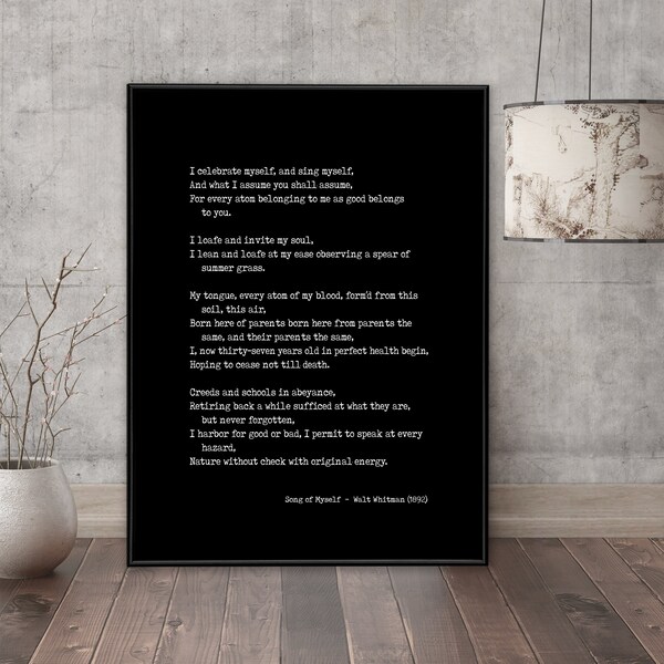 Walt Whitman Song of Myself Quote Print. Fine Art Paper, Laminated, or Framed. Multiple Sizes for Library, Home, Office, or School