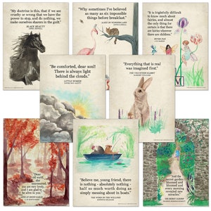 Children’s Vintage Style Literary Watercolor Art Print Quote Set. Fine Art Paper, Laminated, or Framed. Multiple Sizes