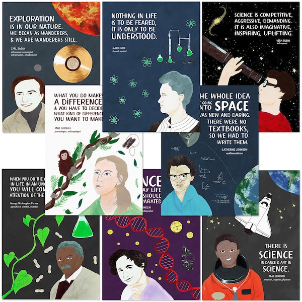 STEM Scientists and Mathematicians 8 Poster Set. Fine Art Paper, Laminated, or Framed. Multiple Sizes Available for Home, Office, or School.