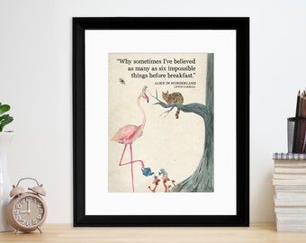 Alice in Wonderland Vintage-style Watercolor Quote Art Print. Matte Paper, Laminated, Framed, or Canvas w/Hanger. Multiple Sizes