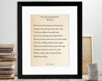 Macbeth Tomorrow and Tomorrow Shakespeare Book Page Style Literary Quote Print. Fine Art Paper, Laminated, or Framed. Multiple Sizes
