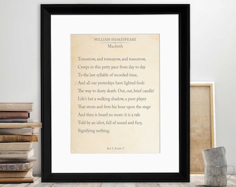 Macbeth Tomorrow and Tomorrow Shakespeare Book Page Style Literary Quote Print. Fine Art Paper, Laminated, or Framed. Multiple Sizes