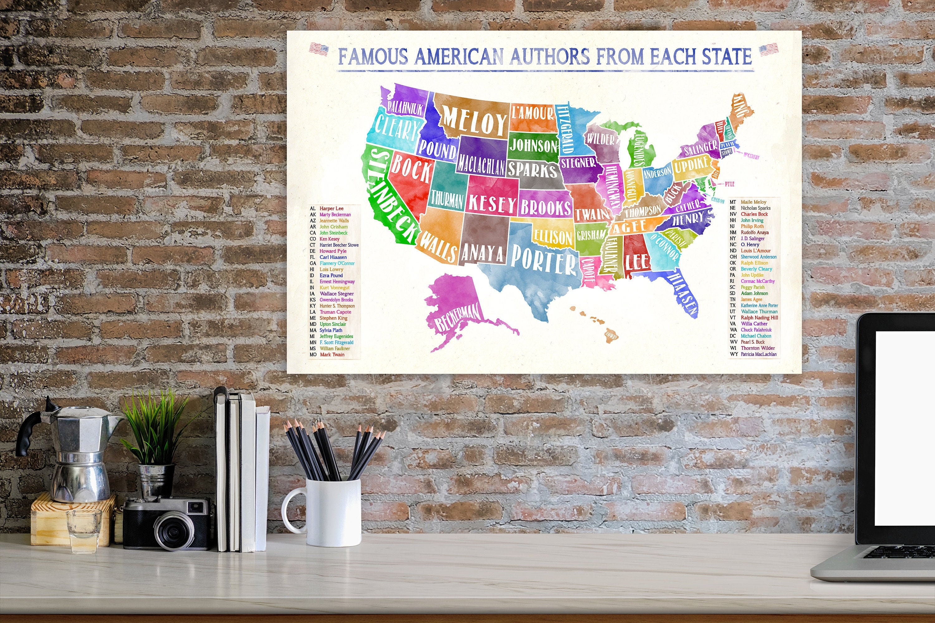 Famous American Authors From Each State Water Color Literary Art Prin…