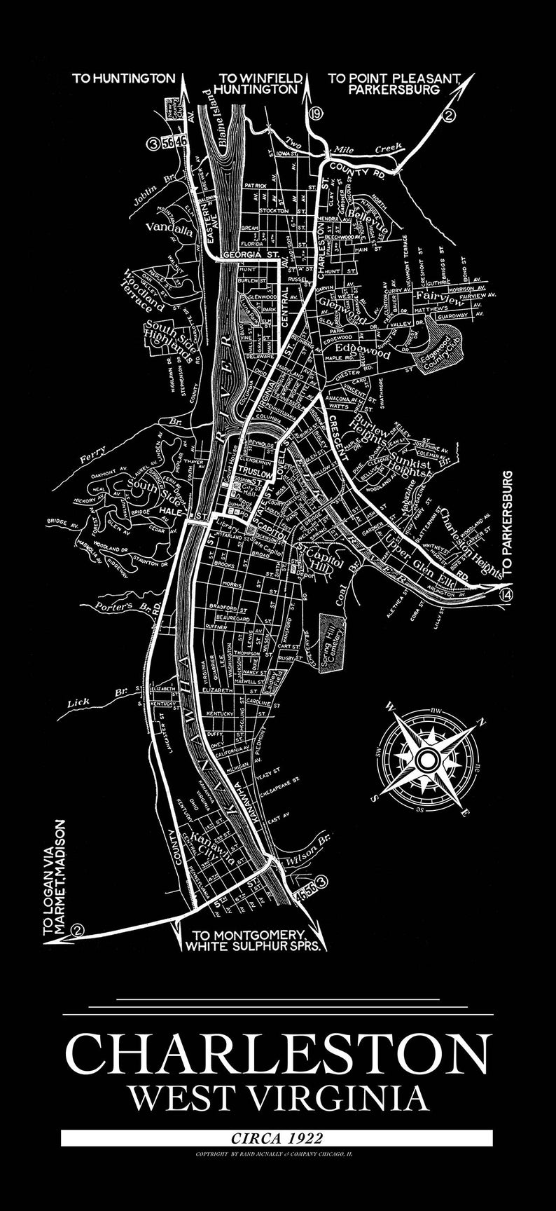 Vintage 1922 Charleston WV Map Print. Available Fine Art Etsy