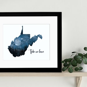 West Virginia - Take Me Home - Country Roads Moon Quote Fine Art Print. Multiple sizes