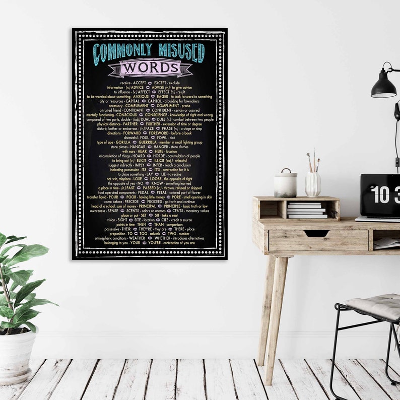Commonly Misused Words Extra-Large Chalk Board Style Grammar Art Print. Classroom, Library or Office Poster. Multiple Sizes Available. image 1