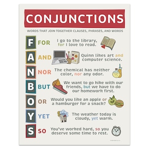May include: Educational poster titled "Conjunctions" with examples using the words For, And, Nor, But, Or, Yet, and So. The poster has a red header and colorful illustrations. The text explains how to use conjunctions in sentences.