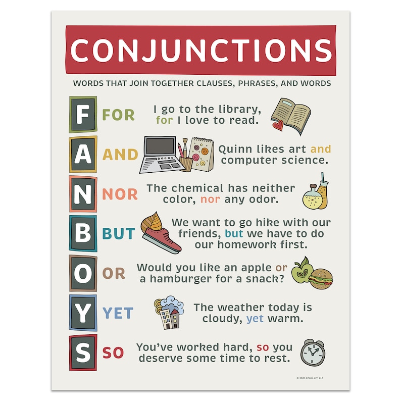 May include: Educational poster titled "Conjunctions" with examples using the words For, And, Nor, But, Or, Yet, and So. The poster has a red header and colorful illustrations. The text explains how to use conjunctions in sentences.