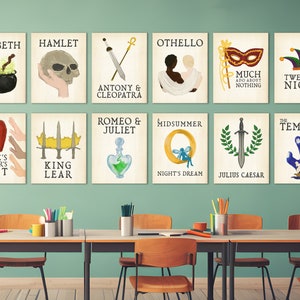 Shakespeare Gallery Wall English Lit Aula y Biblioteca Paquete de 12 carteles