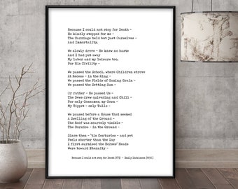 Emily Dickinson Because I Could Not Stop For Death Quote Print. Fine Art Paper, Laminated, or Framed. Multiple Sizes Available