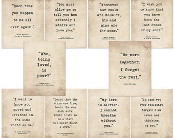 Romantic Literary Quote Art Print Bundle. Featuring Wharton, Austen, Brontë, Dickens, Fitzgerald, Shakespeare, Keats, Whitman, and Wilde.