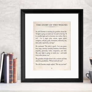 The Story of Two Wolves Vintage Book Page Literary Quote Art Print for Home, Classroom or Library. Multiple Sizes and Styles