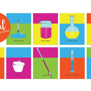 May include: A set of 10 colorful illustrations of common laboratory equipment, including a Bunsen burner, glass beaker, Florence flask, test tubes, pipette, crucible, burette, graduated cylinder, and Erlenmeyer flask. The illustrations are in a cartoon style and are labeled with the name of each piece of equipment.