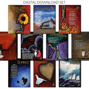 以下が含まれることがあります： 10種類の詩のタイプをそれぞれユニークなイラストで紹介した、印刷可能なポスターのセットです。ポスターには、「白文詩」、「ヴィラネル」、「バラッド」、「物語詩」、「叙事詩」、「リメリック」、「オード」、「抒情詩」、「ソネット」、「自由詩」などのタイトルが付けられています。