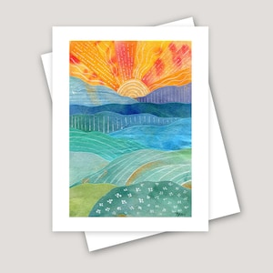 Sunshine Printed Greeting Card - Landscape Mixed Media Collage - Hills Mountain Nature Art Print - Birthday Just Because Thinking of You