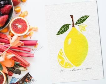 Lemon Citrus Fruit Limited Edition Block Print: Kitchen Botanical Linocut Art