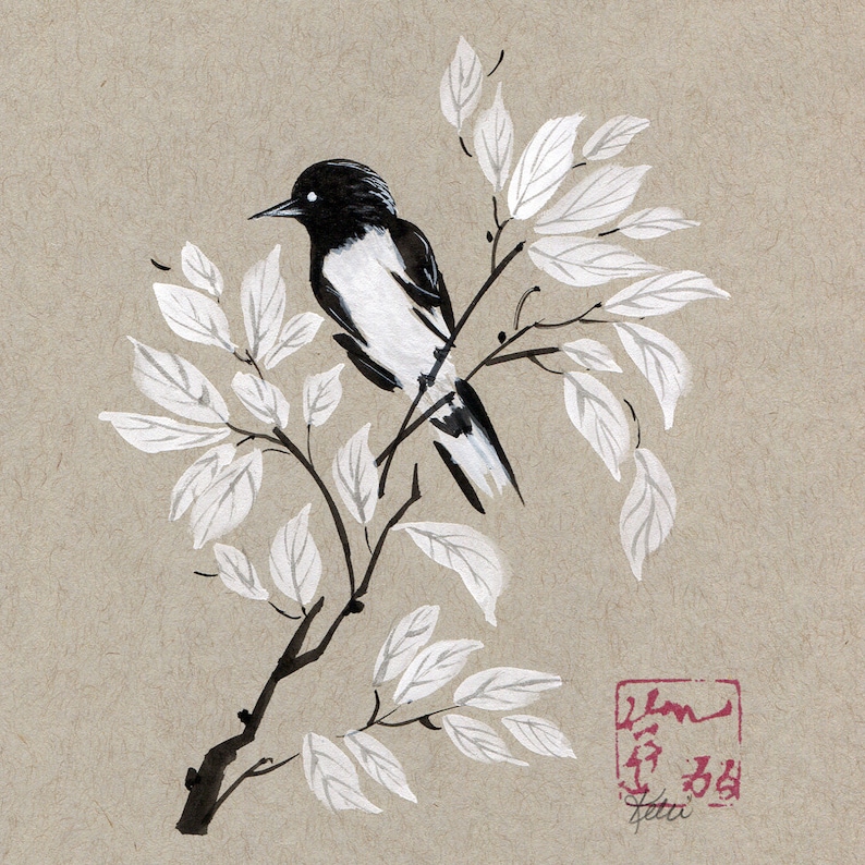 Chinese Brush Sumie Bird Painting Original Ink Art Black Etsy