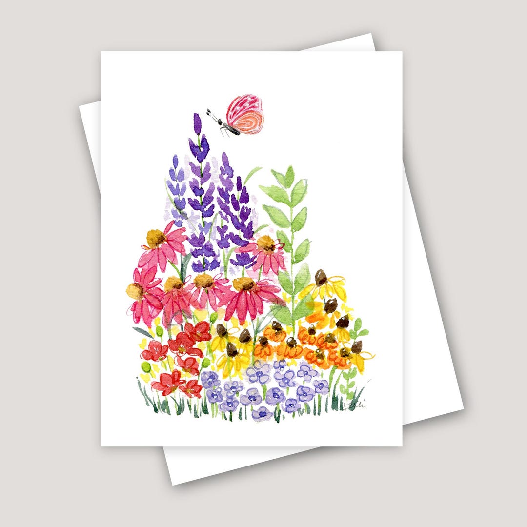 Wildflower Garden Greeting Card: Watercolor Butterfly Art - Botanical ...