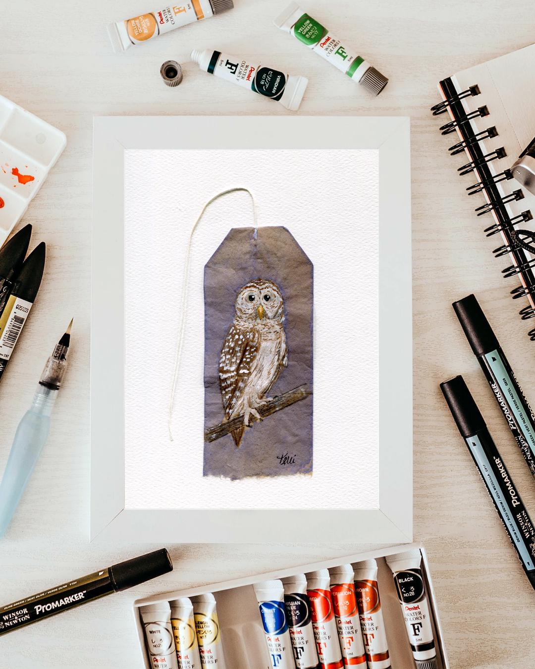 Barred Owl Watercolor Painting on Tea Bag - Original Nature Art