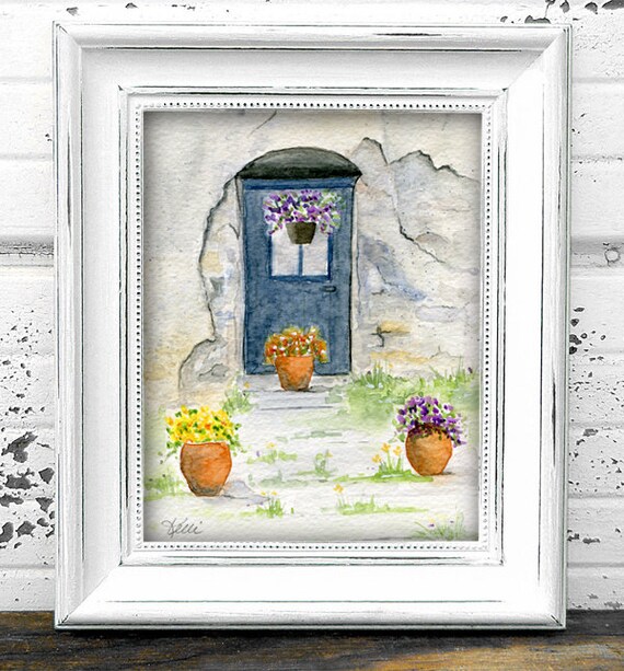 Door And Flowers Original Watercolor Painting Doorway Old Stone Wall Masonry Landscape Art Housewarming Kitchen Gift Architecture