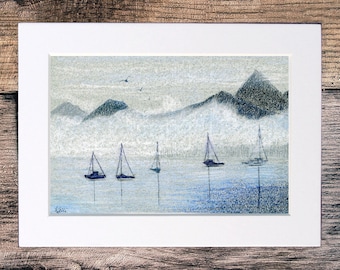 Sailboats in Fog - Original Pastel Landscape Painting - Seascape Mist Mountains Clouds Birds - Housewarming Gift Under 50 - Maine Scenery