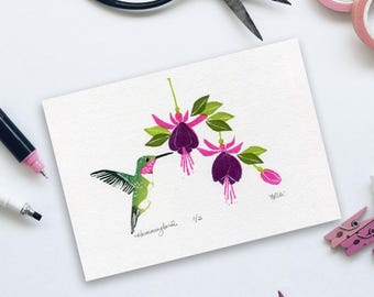Hummingbird and Fuchsia Block Print: Limited Edition Nature Art
