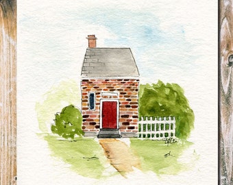 Brick House Original Landscape Painting - Urban Sketch - Line and Wash Art - Architecture - New Home Housewarming Gift - White Picket Fence