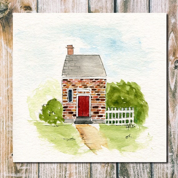 Brick House Original Landscape Painting Urban Sketch Line and Wash Art  Architecture New Home Housewarming Gift White Picket Fence 