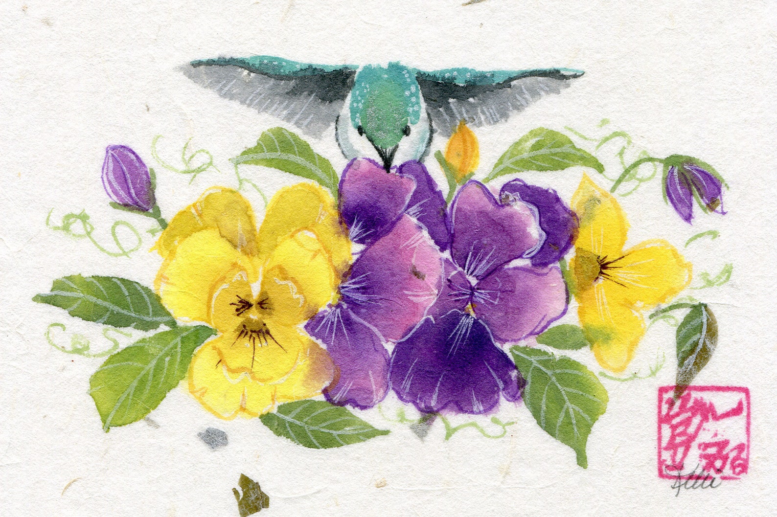 Hummingbird and Pansy Flowers Original Chinese Brush Sumie Etsy