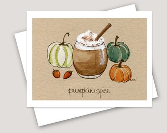 Pumpkin Spice Latte Watercolor Printed Greeting Card - Fall Acorns - Autumn Holiday Thanksgiving - Coffee Kitchen Art Print Hand Lettering