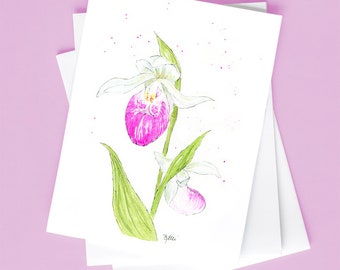 Lady Slipper Orchid Watercolor Printed Greeting Card - Birthday Just Because Thinking of You Anniversary - Pink Botanical Flower Floral
