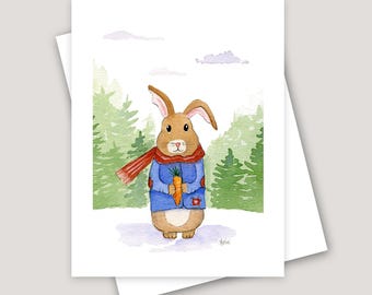 May include: A watercolor illustration of a brown rabbit wearing a blue jacket and a red scarf, holding a carrot in a snowy forest setting.