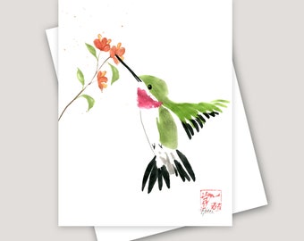 Ruby-throated Hummingbird Chinese Brush/Sumi-e Ink and Watercolor Printed Greeting Card All Occasion Birthday Hello Friendship Just Because