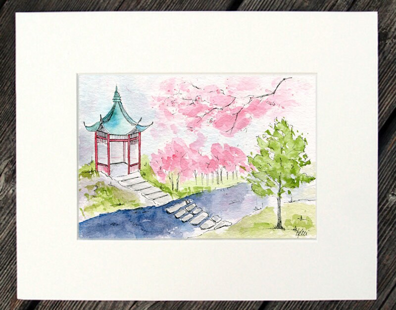 癒しの水彩画1023 garden Japanese Garden - Original Watercolor and Ink Landscape
