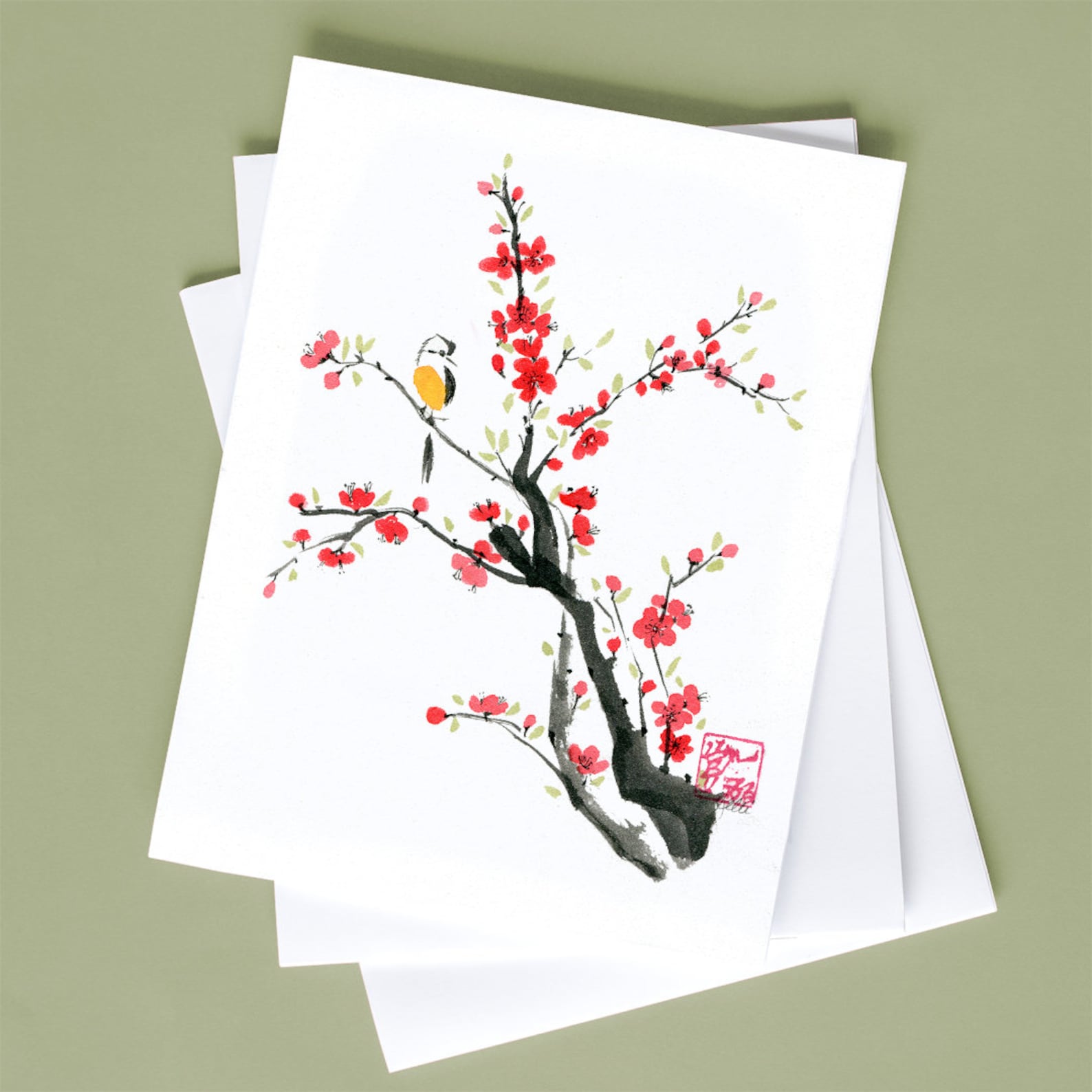 Bird and Blossoms Chinese Brush Sumie Greeting Card Watercolor Ink