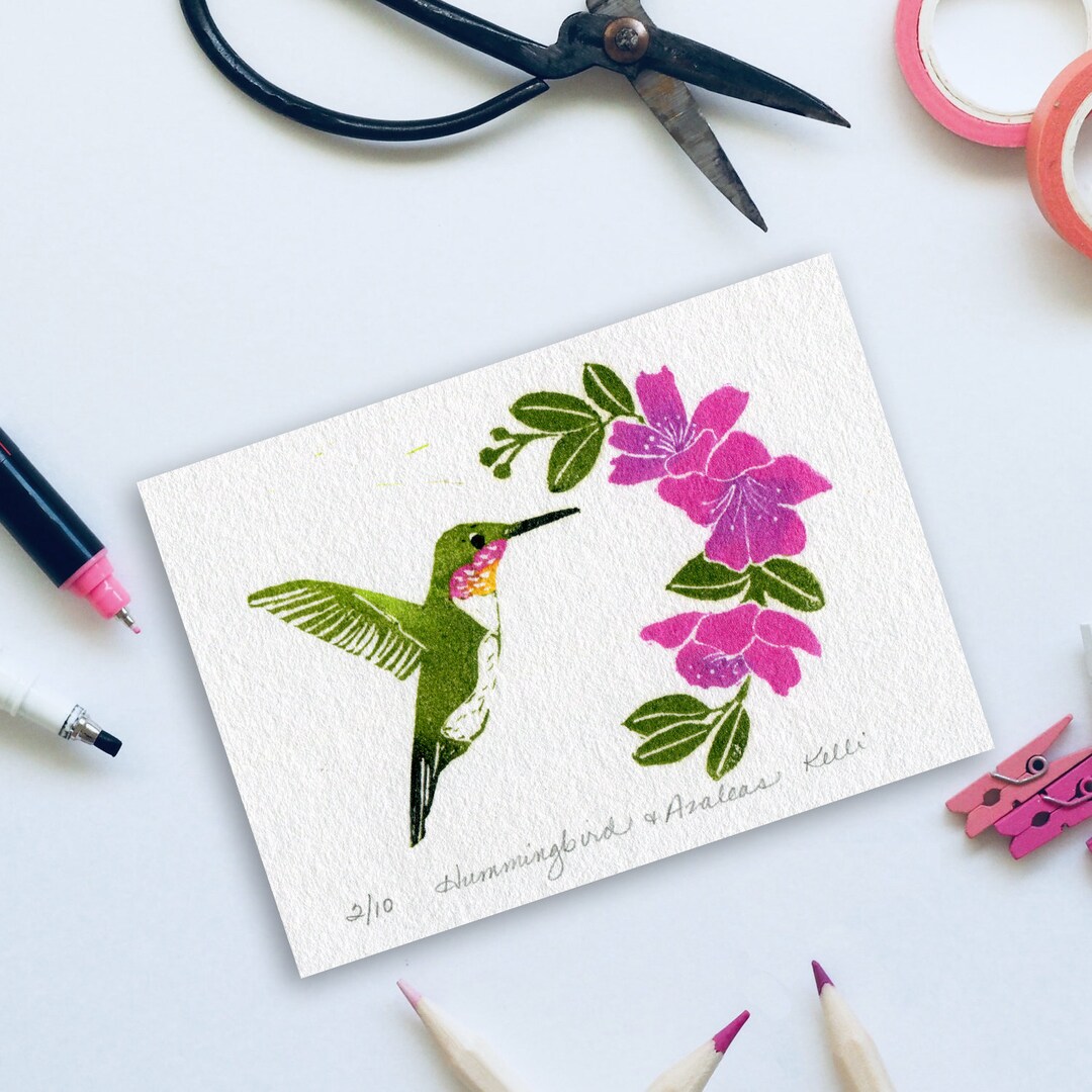 Hummingbird and Azalea Block Print: Limited Edition Nature Art - Etsy