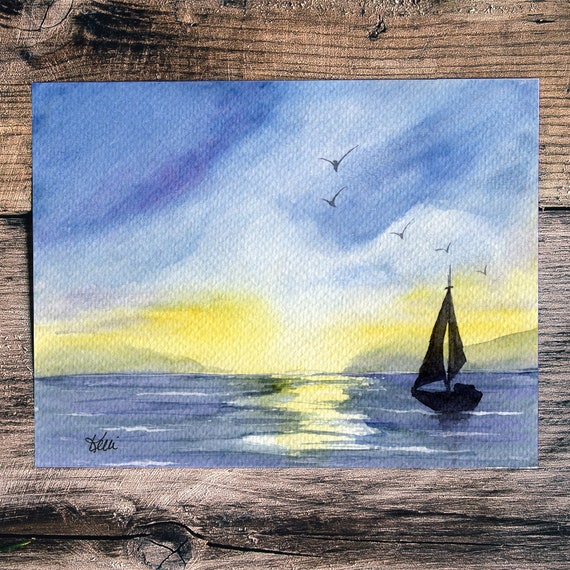 Sailboat Painting Seascape Original Art Sunrise Small Wall Art Nautical