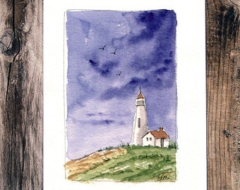 Lighthouse Watercolor Landscape - Original Painting - Urban Sketch - Seascape Ink Art- Line and Wash - Storm Clouds - Housewarming Gift