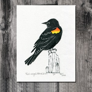 Red-Winged Blackbird Block Print: Limited Edition Linocut Art