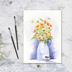 Original Cottage Daisy Bouquet Watercolor Painting: Floral Still Life Art
