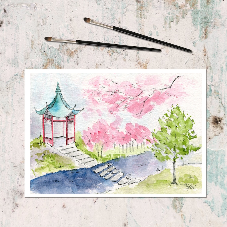 Japanese Garden Original Watercolor and Ink Landscape | Etsy