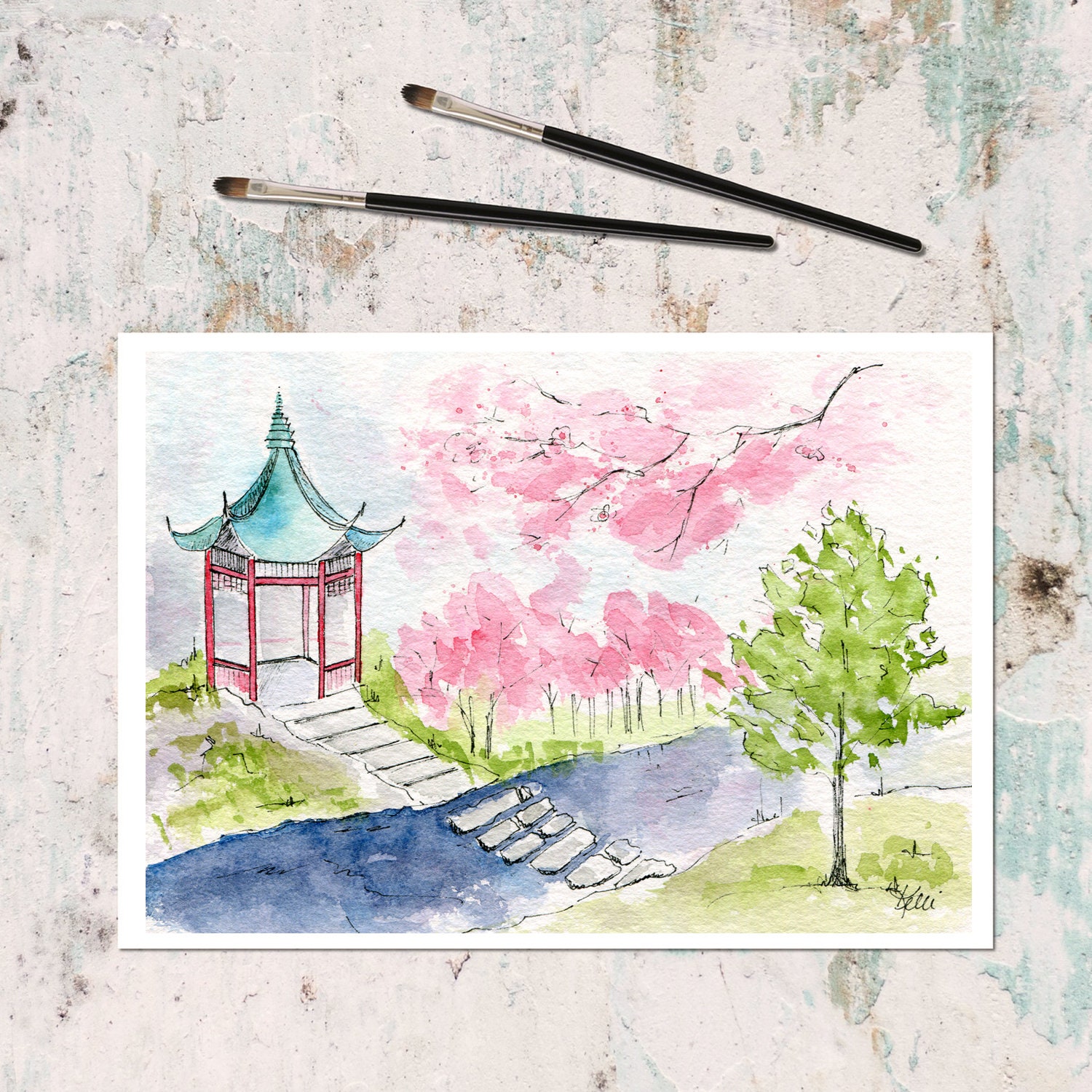 Japanese Garden Original Watercolor and Ink Landscape Painting Urban  Sketching Architecture Flowering Trees Pagoda Small Format Art 