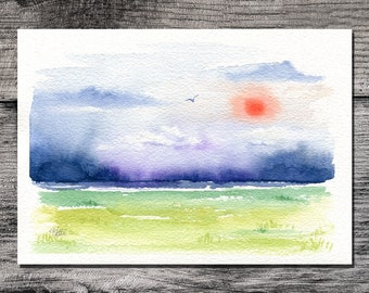 Colorful Sunrise  Original Watercolor Painting - Maine Scenery Landscape Nature Art - Fields Trees Clouds - Housewarming Gifts Under 75