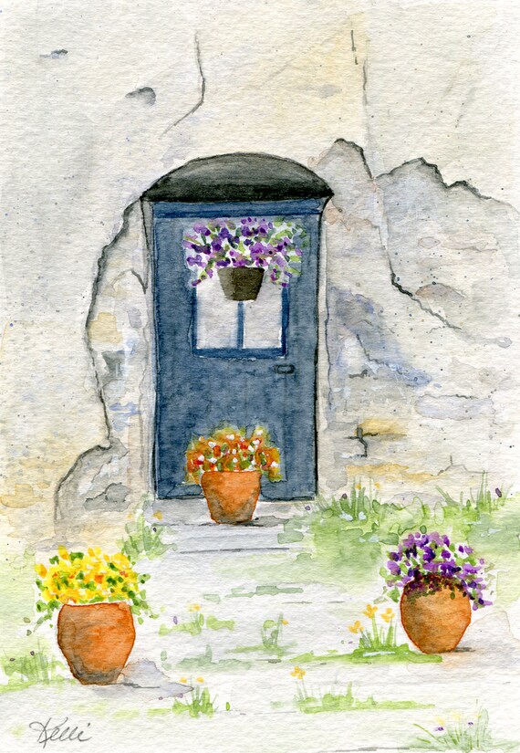 Door And Flowers Original Watercolor Painting Doorway Old Etsy