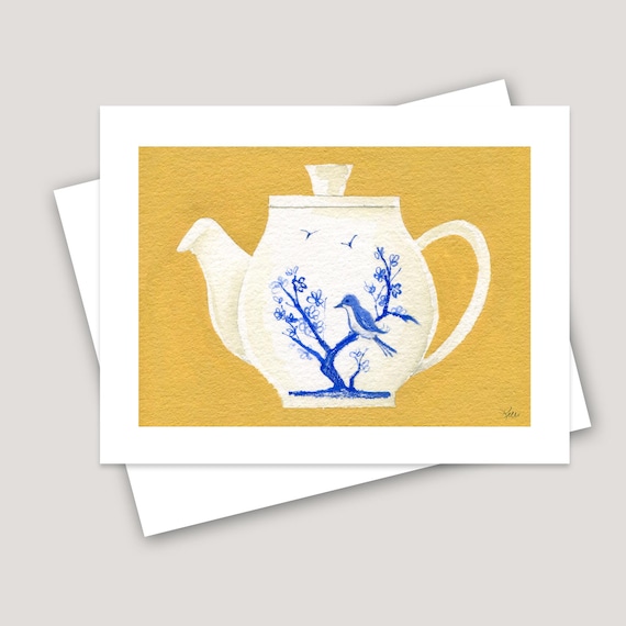 Chinese Teapot Greeting Card: Plum Blossom Bird Art Print