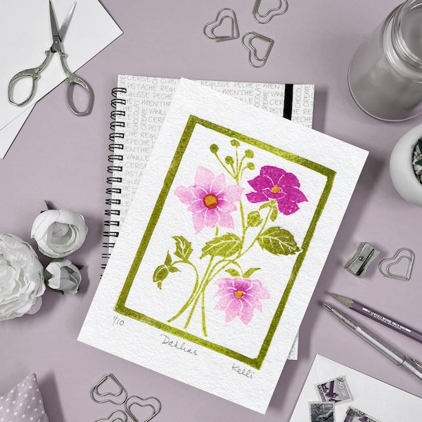 Pink Dahlia Flowers Limited Edition Block Print - Botanical Floral Original Linocut Art - Handprinted Unframed - Handmade Gifts Under 25