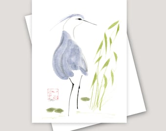 Blue Heron Chinese Brush Sumi-e Watercolor Greeting Card - PRINTED - All Occasion - Birthday - Thank You - Blank Card - Leaves - Bird