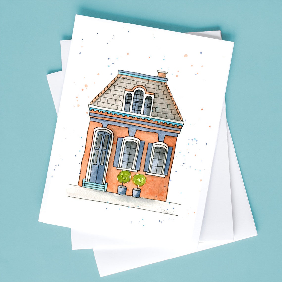 Colorful House Printed Watercolor Greeting Card New Home New Apartment